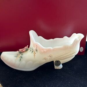 Fenton Art Glass Victorian Hand Painted Shoe w/ Flowers Swans
